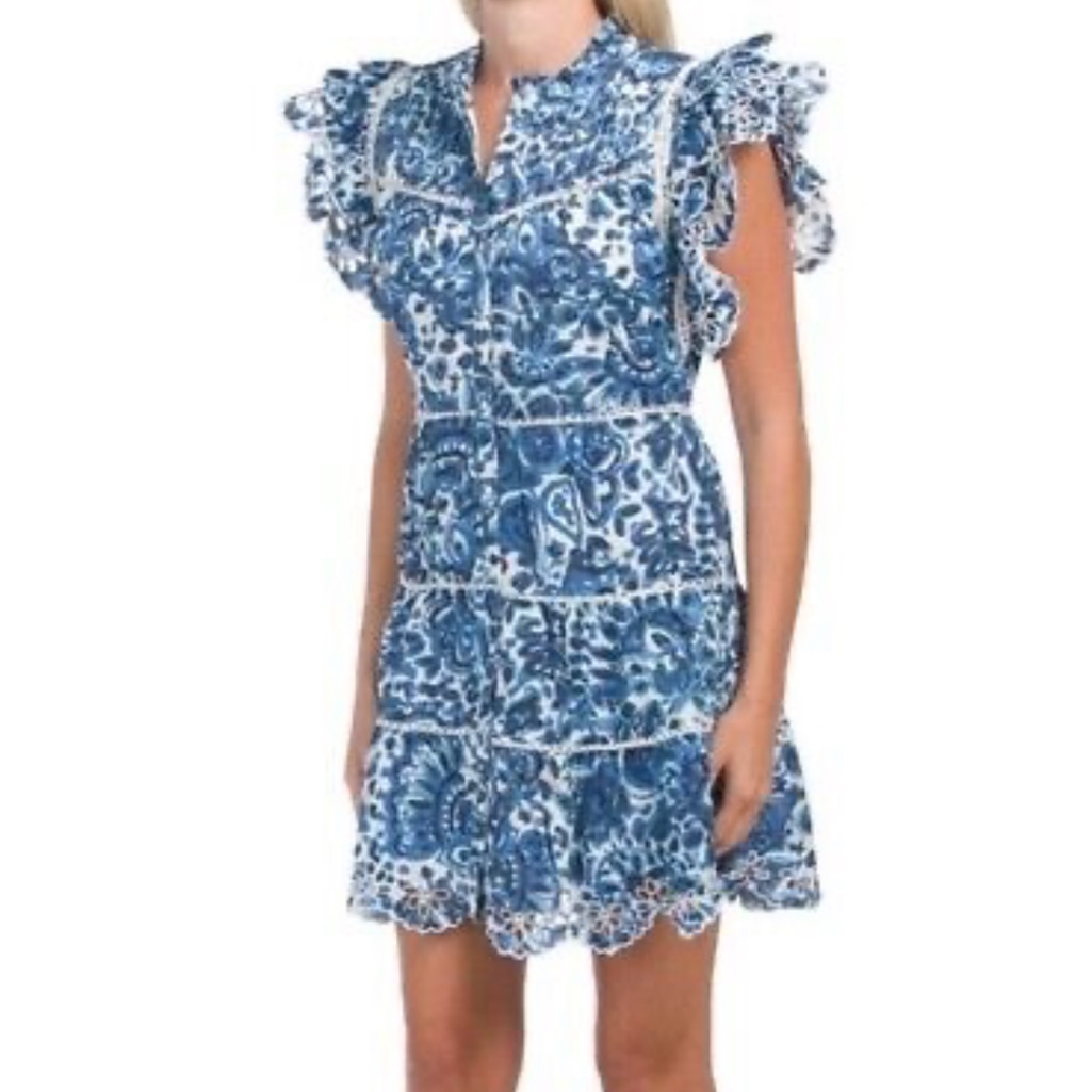 House Of Harlow 1960 Melba Blue Floral Eyelet A-Line Dress
